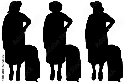 Vector illustration female silhouettes of three older female tourists. Grandmothers in hats and with luggage on wheels. Retirement Holidays. Vacation. Line of tourists. Older women stand with luggage.