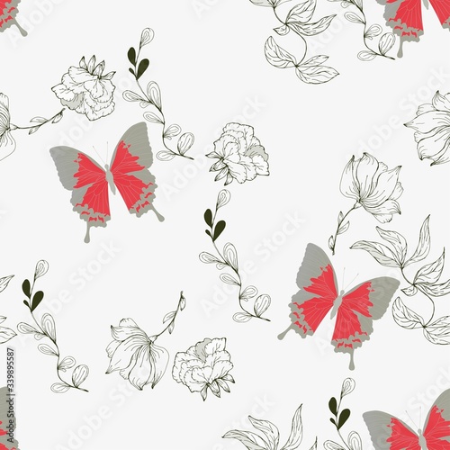 Seamless vector floral pattern of butterflies and inflorescences of flowers in elegant curls on a turquoise, light blue background.