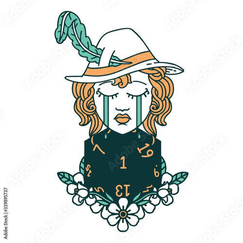 crying human bard with natural one D20 dice roll illustration