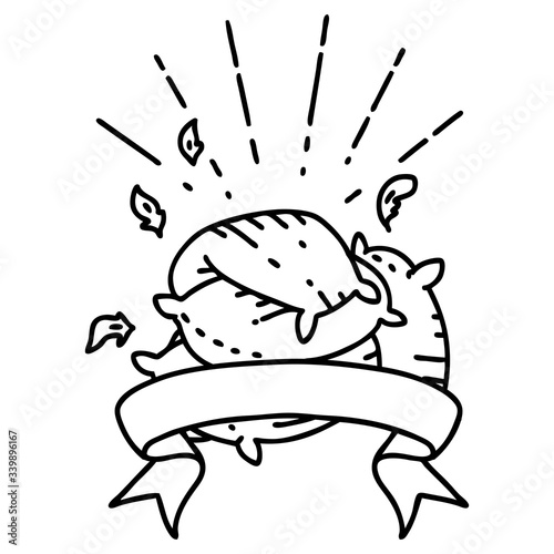 banner with black line work tattoo style pile of pillows