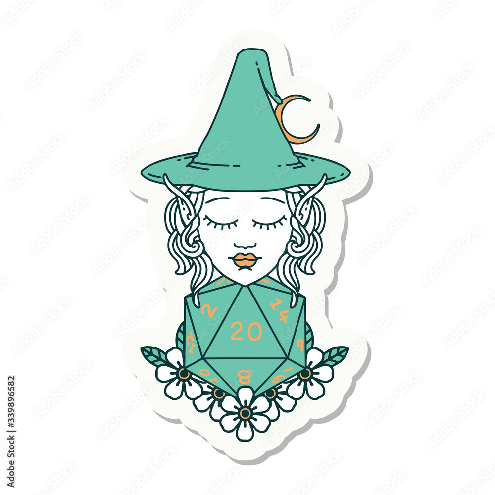 elf mage character with natural twenty dice roll sticker