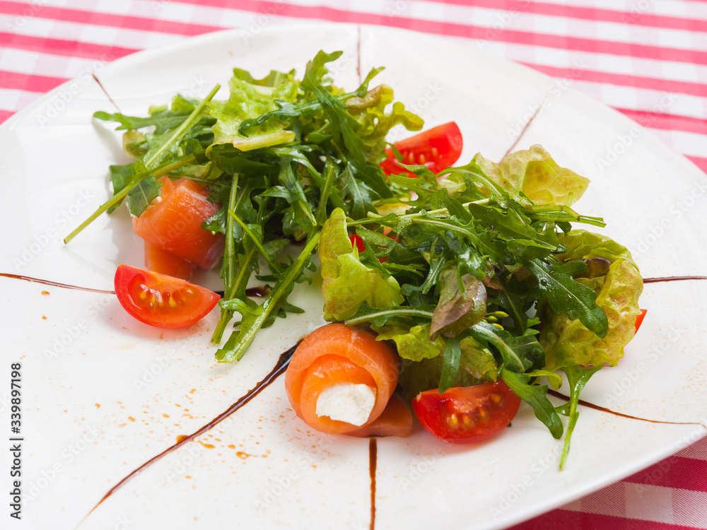 salad with salmon, cream cheese and herbs