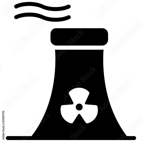Atomic reactor concept, nuclear power energy generation plant on white background, Chimney with radiation sign vector icon design glyph 