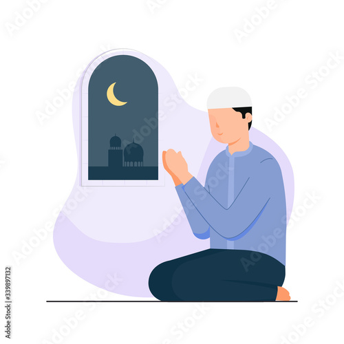 Happy eid mubarak with people character praying concept. Islamic illustration design for Landing page templates, UI, Story board, Book Illustration, Banners and Social media