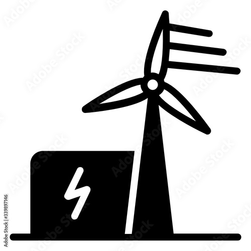 Ecology Power Generation Plant Concept. Windmill on white background. Renewable Energy industry vector icon design, Green Eco friendly aerogenerator equipment, small home-based turbine graphic Glyph © shmai