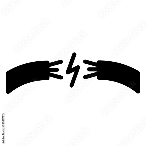electricity power cable cutout with charge sign concept.  current leakage on white background, copper wire cut vector icon design glyph 