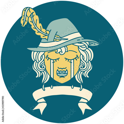 crying orc bard character with banner icon