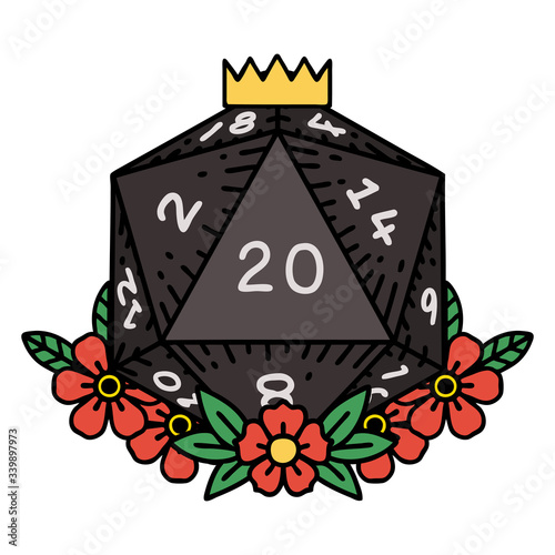 natural 20 D20 dice roll with floral elements illustration