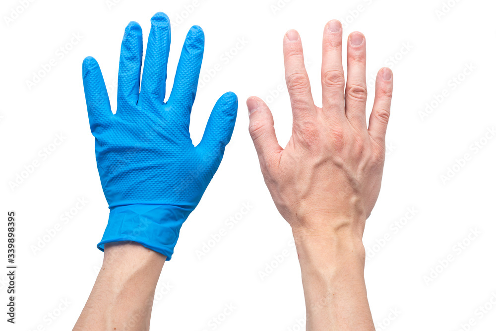 One hand with latex medical glove, and another without wearing protection One hand with latex medical glove, and another without wearing protection