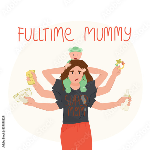 Fulltime mummy hand lettering and tired multi armed mother doing a lot works at one time - holding her baby in green bear costume on shoulders,in others hands napkin and sponge,feeding bottle,rattle. 