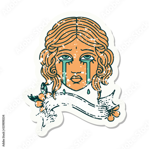 grunge sticker with banner of female face crying
