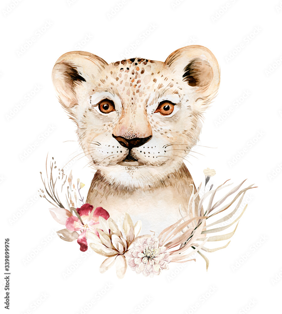 Africa watercolor savanna lion, animal illustration. African Safari wild  cat cute exotic animals face portrait character. Isolated on white poster  design Stock Illustration | Adobe Stock