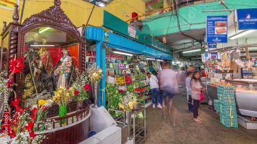 Surquillo Market timelapse hyperlapse, Lima, Peru. Lima's biggest food market. Sellers at the counters sell vegetables, fruits and meat