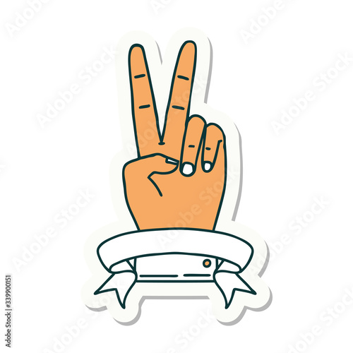 peace two finger hand gesture with banner sticker