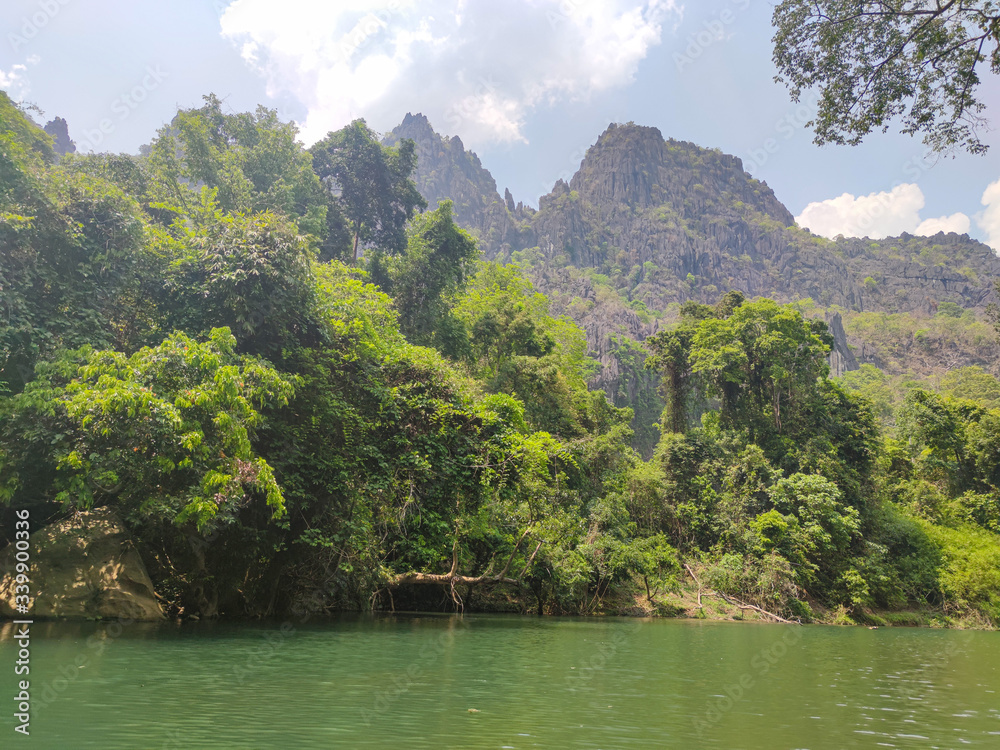 Green jungles in mountains. Green forest and water reflection.