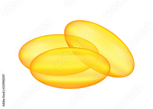 capsules oil yellow gold isolated on white, fish oil omega 3 capsule for health care product, vitamin E, A capsules oval or serum bubble, capsule oil soft gel for supplements healthy and cosmetics