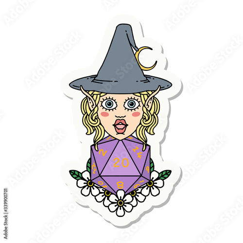 elf mage character with natural twenty dice roll sticker