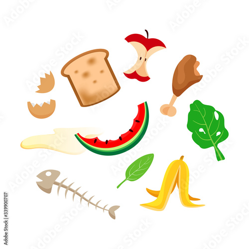 organic foods waste isolated on white background, organic waste vegetables and fruits garbage, organic rotten food garbage set, illustration organic waste garbage for separation from leftover foods