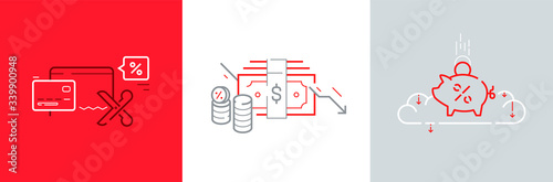 Fed rates cut icon set with mortgage percent, dollar, money, coins, credit card vector illustrations. World economic crisis and investment reduction. Essential business services support vector.
