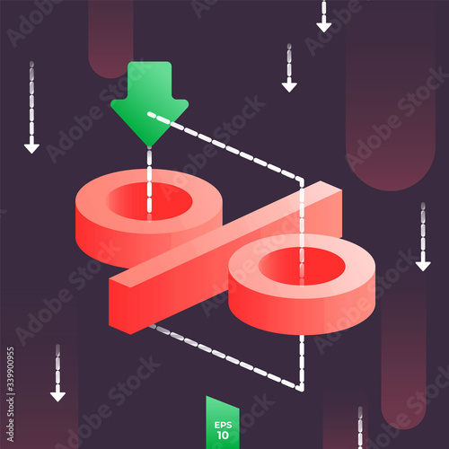 Rates cut concept with 3d percent icon and arrow fallind down. Low cost in financial system or interest rate on dark background. Cheap oil or petroleum crisis vector illustration. Price discount, sale