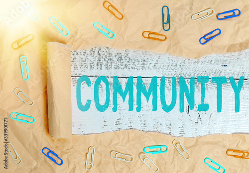 Conceptual hand writing showing Community. Concept meaning group of showing with a common characteristics living together photo