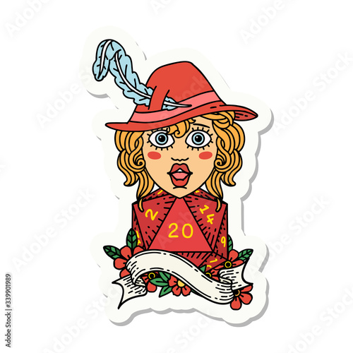 human bard with natural 20 dice roll sticker