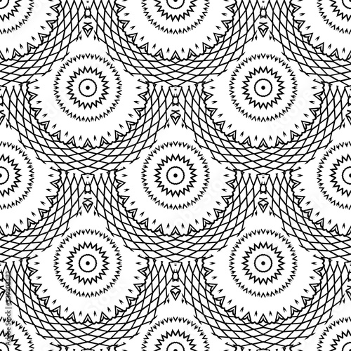 Abstract black and white mandalas vector seamless pattern. Tiled round mandalas background. Geometric repeat deco backdrop. Modern ethnic tribal design. Elegance beautiful ornament. Endless texture