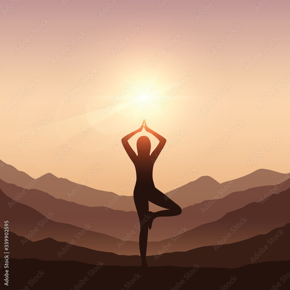 girl makes yoga on mountain landscape vector illustration EPS10