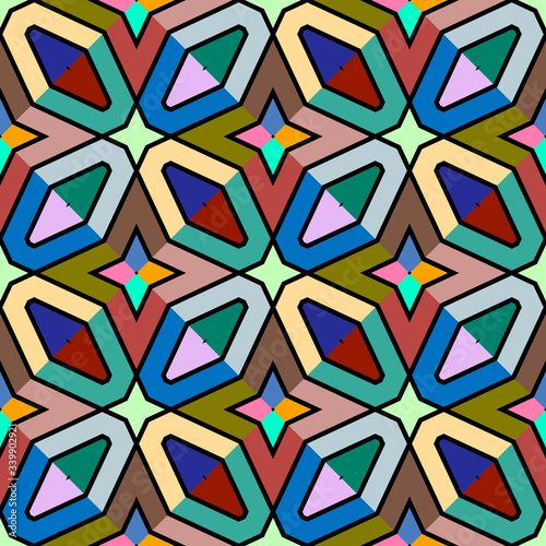 Colorful abstract tribal ethnic seamless pattern. Vector geometric ornamental background. Repeat patterned striped backdrop. Decorative geometrical modern mosaic ornaments. Kaleidoscope style design © Naila Zeynalova