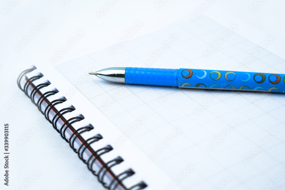 Side view of a light blue colored pen placed on top of a simple open white paper diary Side view of a light blue colored pen placed on top of a simple open white paper diary