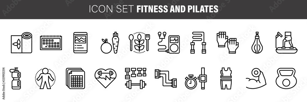 Set of Sport and Fitness, healthy food web icons in line style. , nutrition, workout, Vector illustration. Set of Sport and Fitness, healthy food web icons in line style. , nutrition, workout, Vector illustration.