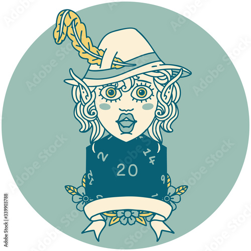 elf bard with natural twenty dice roll illustration