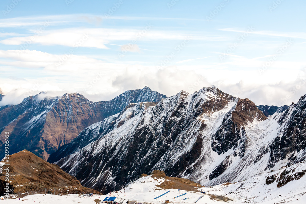 High rocky mountain landscape. Beautiful scenic view of mount. Alps ski resort. Austria, Stubai, Stubaier Gletscher