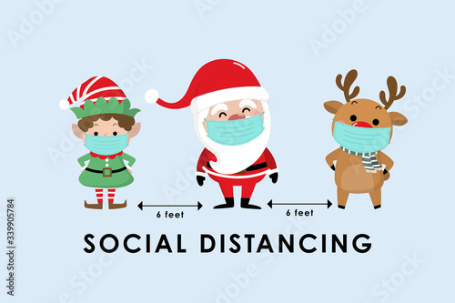 COVID-19 and social distancing infographic with cute Christmas cartoon character. Santa Claus, little elf and reindeer with surgical mask in flat style. Corona virus protection. -Vector © Dusida