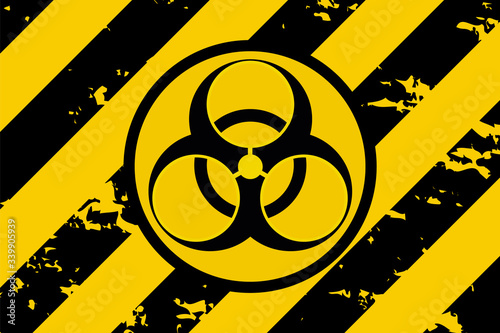 Bacteriological hazard sign and No Entry COVID-19. Concept of Bacteriological hazard coronavirus. Black Stripped Rectangle on yellow background.