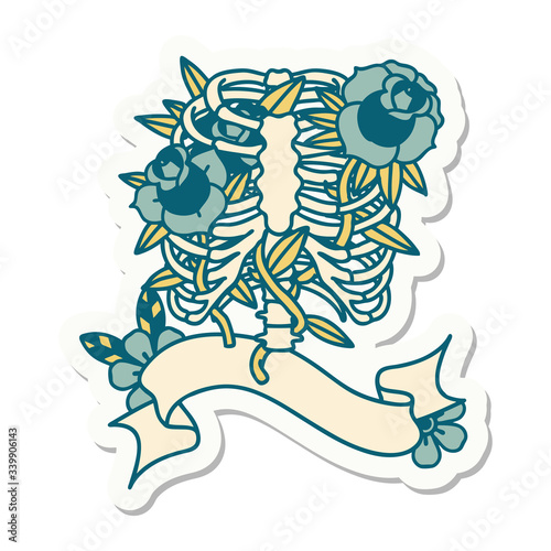 tattoo sticker with banner of a rib cage and flowers