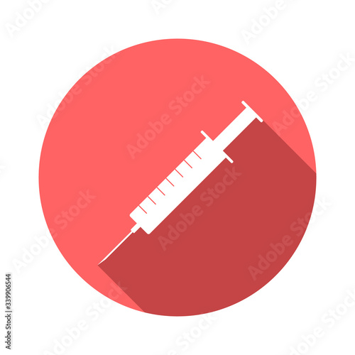 Syringe icon with long shadow. Red button on a white background. Vector illustration