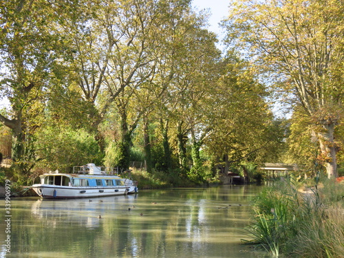 Tourisme fluvial et écotourisme, péniche amarrée sur le canal du Midi bordé d’arbres (France)