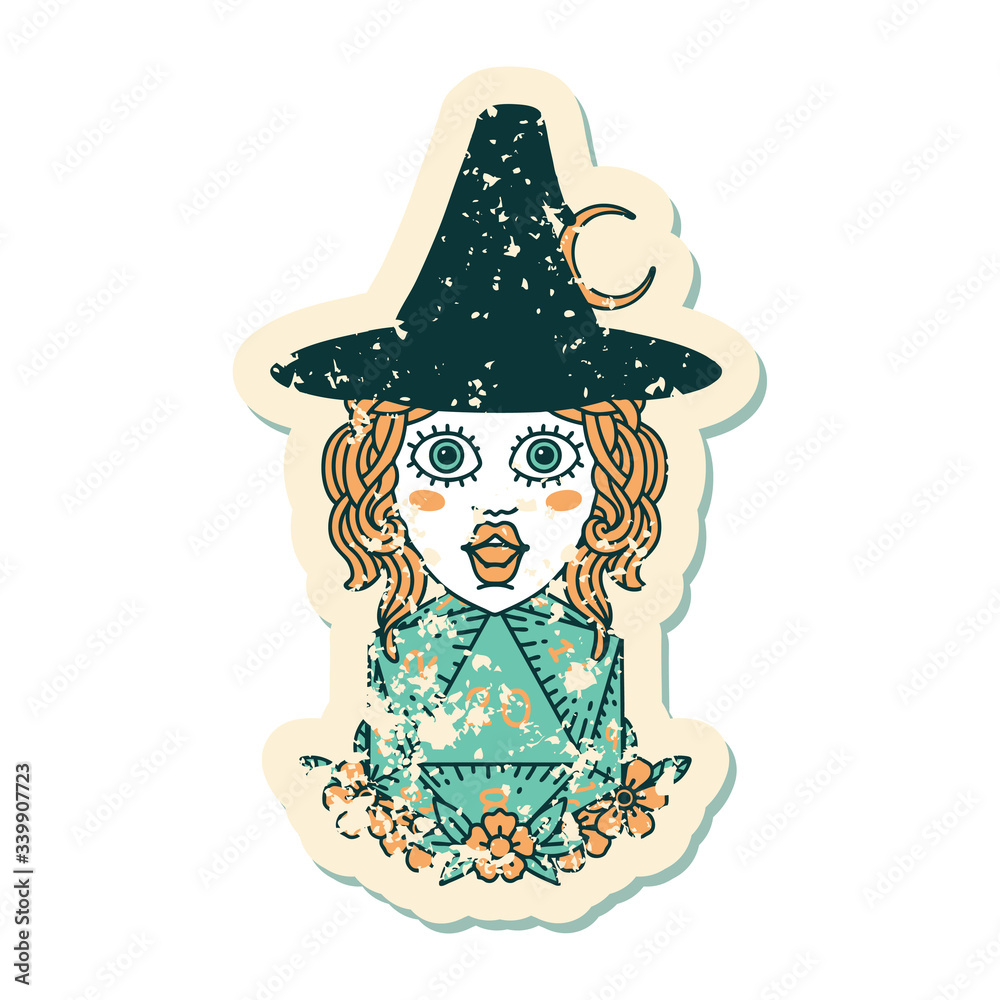 human witch with natural twenty dice roll grunge sticker human witch with natural twenty dice roll grunge sticker