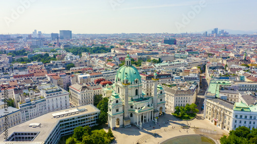 Vienna, Austria. Karlskirche is a Catholic church located in the southern part of Karlsplatz in Vienna, Aerial View photo