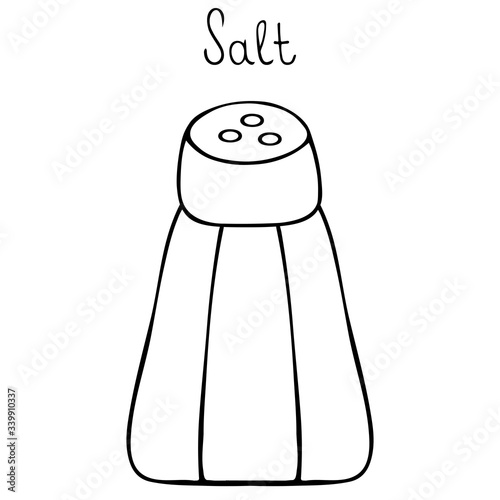 Table salt in a salt shaker. Sketch. Vector illustration. Outline on an isolated background. Doodle style. Used in food preparation, gargling for colds. Web design, menu. Lettering.