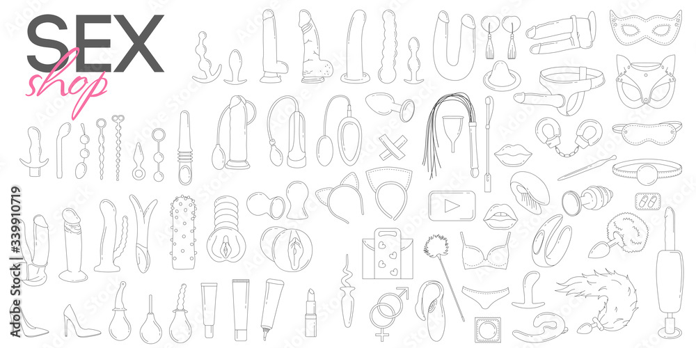 Sex shop big set of vector, thin, linear icons. Toys for adults. Isolated from background.