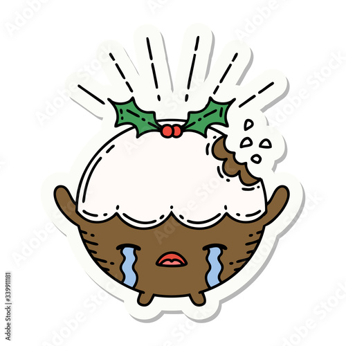 sticker of tattoo style christmas pudding character crying