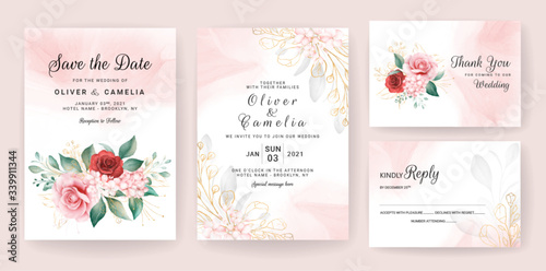Wallpaper Mural Luxury wedding invitation card template set with gold watercolor floral decorations and glitter. Flowers arrangements for save the date, greeting, details, cover. Botanic illustration vector Torontodigital.ca