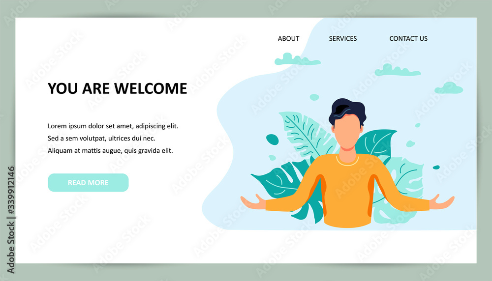 Welcome, meeting concept. Person opens his hands. Place for text. Flat cartoon style vector illustration.