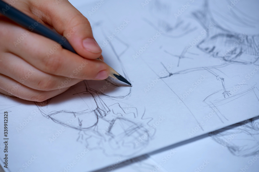 Sketches, sketching on white paper with a simple pencil. Colour pencils Sketches, sketching on white paper with a simple pencil. Colour pencils