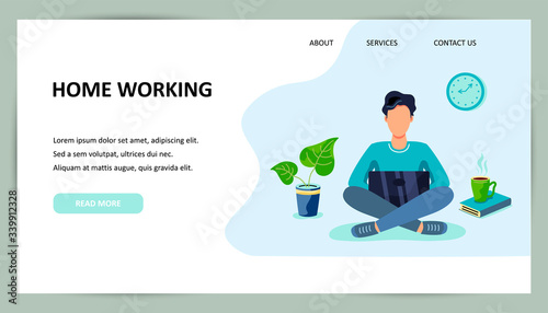 Person is sitting and working on laptop. Place for text. Flat cartoon style design. Vector illustration. Freelance or studying concept.