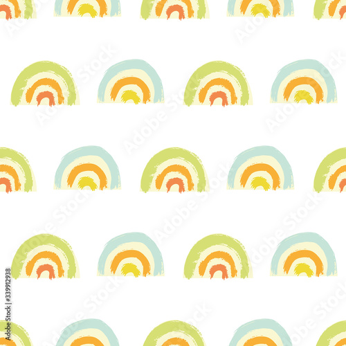 Fototapeta Naklejka Na Ścianę i Meble -  Seamless vector brushstroke geometric rainbow kids pattern on white background. Hand painted brush texture in blue tones on white background. Surface pattern design.