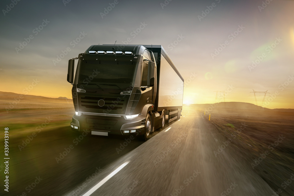 LKW auf Landstraße bei Sonnenuntergang (3D) LKW auf Landstraße bei Sonnenuntergang (3D)