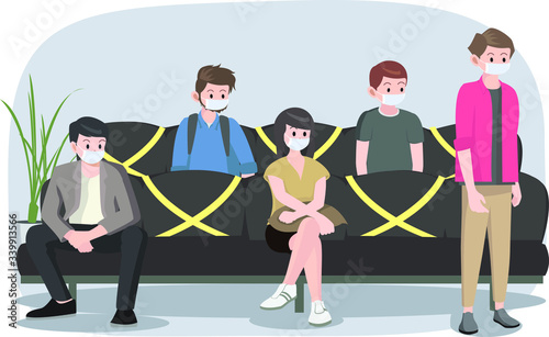 Peoples are sitting in line with keeping their safe distance